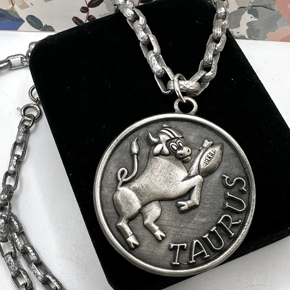 Luca Razza Taurus Zodiac & Football Pewter Pendant 1970's Necklace